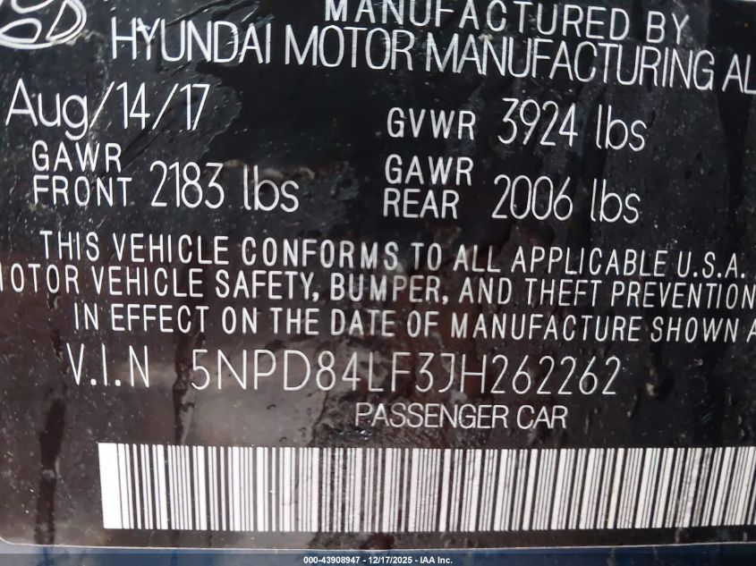 2018 Hyundai Elantra Sel VIN: 5NPD84LF3JH262262 Lot: 43908947