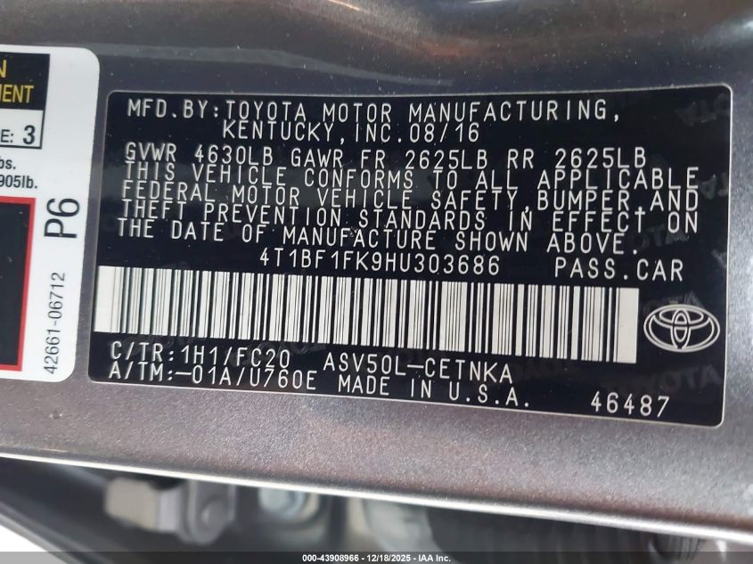 2017 Toyota Camry Le VIN: 4T1BF1FK9HU303686 Lot: 43908966