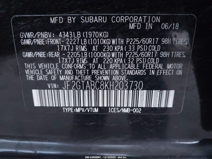 2019 Subaru Crosstrek 2.0I VIN: JF2GTABC8KH203730 Lot: 43908967