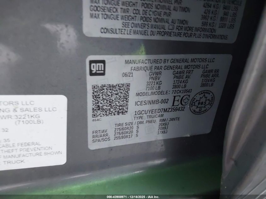 2021 Chevrolet Silverado 1500 Rst VIN: 1GCUYEED7MZ359432 Lot: 43908971