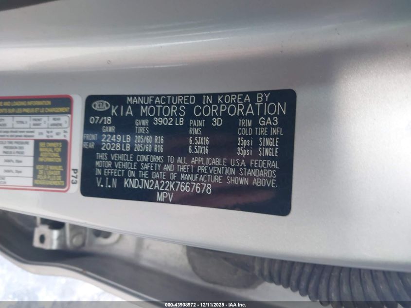 2019 Kia Soul VIN: KNDJN2A22K7667678 Lot: 43908972