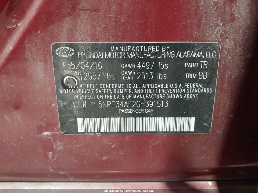 2016 Hyundai Sonata Sport VIN: 5NPE34AF2GH391513 Lot: 43908975