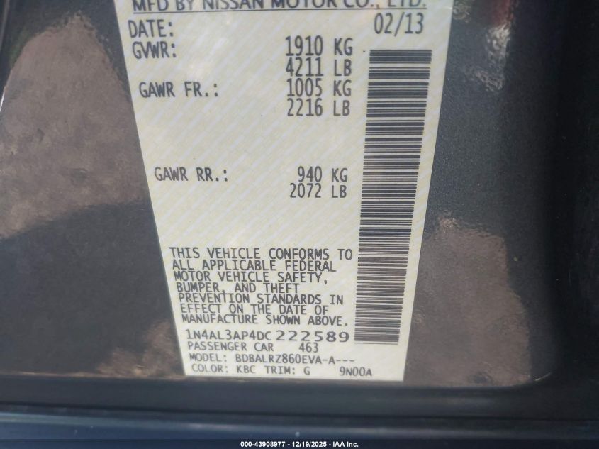 2013 Nissan Altima 2.5 S VIN: 1N4AL3AP4DC222589 Lot: 43908977