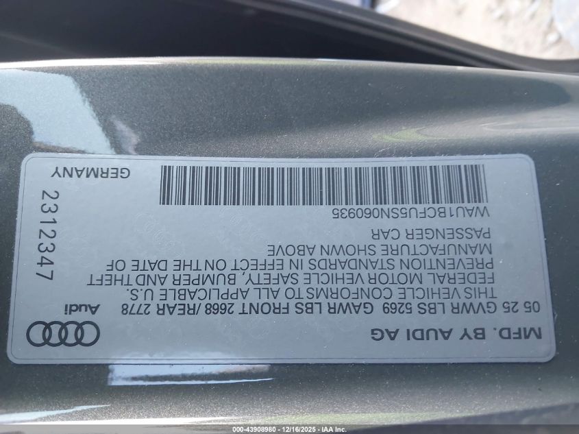 2025 Audi All-New A5 Premium Tfsi Quattro S Tronic VIN: WAU1BCFU5SN060935 Lot: 43908980