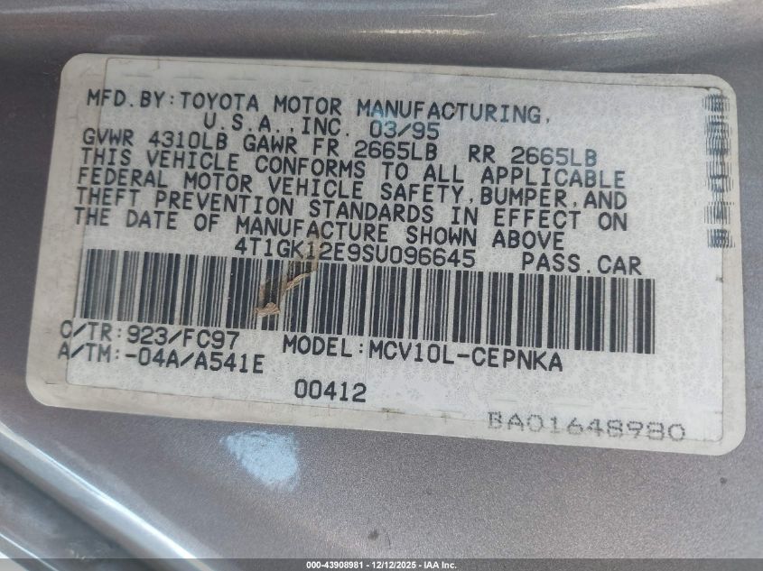 1995 Toyota Camry Le VIN: 4T1GK12E9SU096645 Lot: 43908981