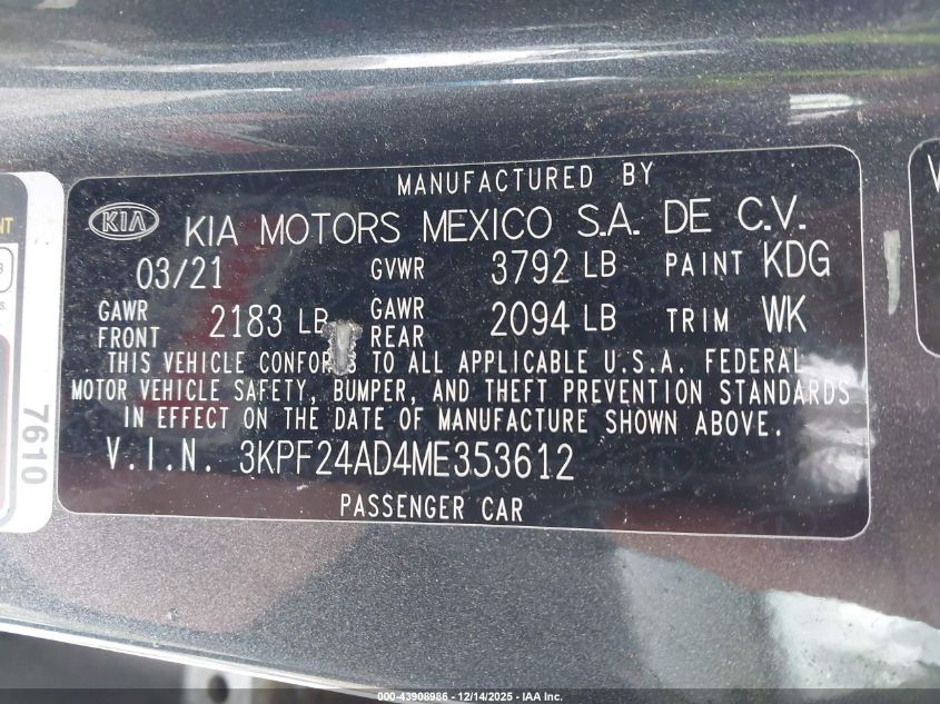 2021 Kia Forte Lxs VIN: 3KPF24AD4ME353612 Lot: 43908986