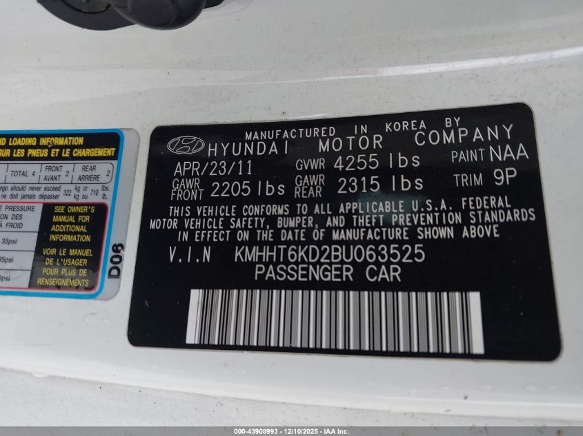 2011 Hyundai Genesis 2.0T VIN: KMHHT6KD2BU063525 Lot: 43908993