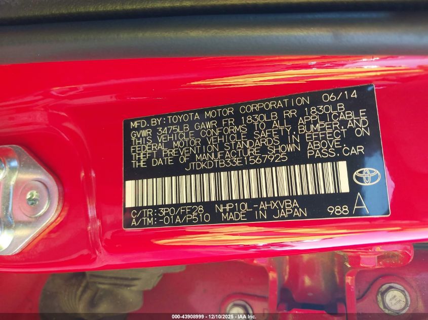 2014 Toyota Prius C Two VIN: JTDKDTB33E1567925 Lot: 43908999