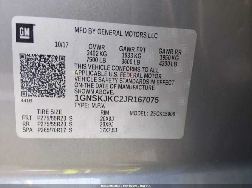 2018 Chevrolet Suburban Premier VIN: 1GNSKJKC2JR167075 Lot: 43909000