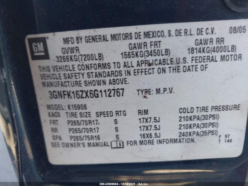 2006 Chevrolet Suburban 1500 Z71 VIN: 3GNFK16ZX6G112767 Lot: 43909004