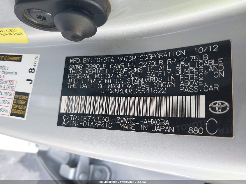 2013 Toyota Prius Four VIN: JTDKN3DU6D5541622 Lot: 43909007