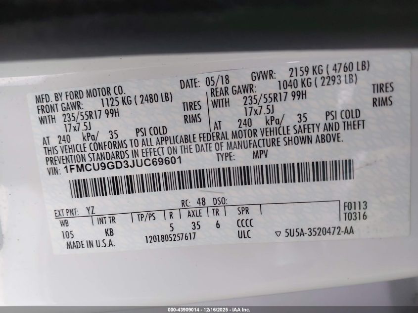 2018 Ford Escape Se VIN: 1FMCU9GD3JUC69601 Lot: 43909014