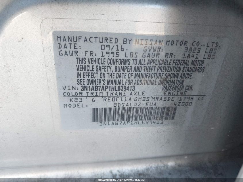 2017 Nissan Sentra Sv VIN: 3N1AB7AP1HL639413 Lot: 43909015