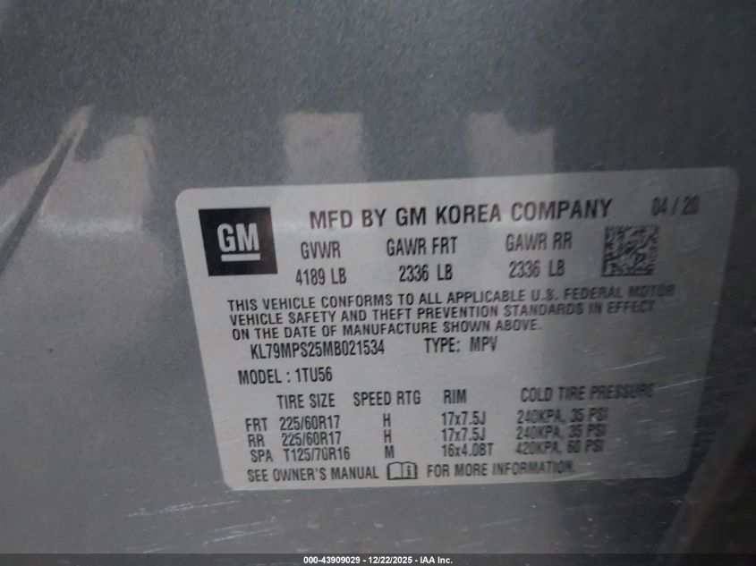 2021 Chevrolet Trailblazer Fwd Lt VIN: KL79MPS25MB021534 Lot: 43909029