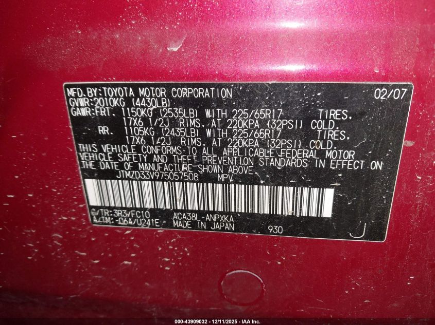 2007 Toyota Rav4 VIN: JTMZD33V975057508 Lot: 43909032