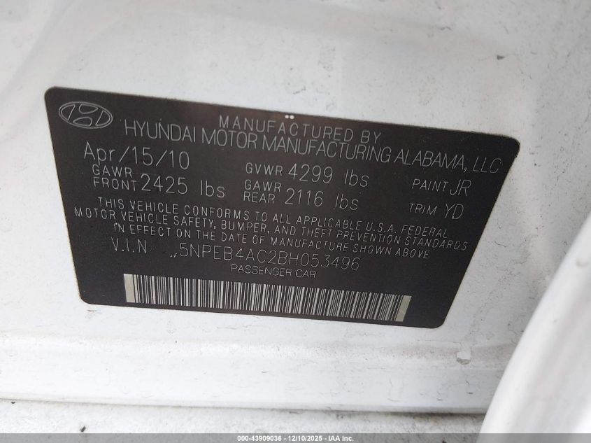 2011 Hyundai Sonata Gls VIN: 5NPEB4AC2BH053496 Lot: 43909036