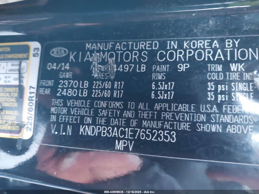 2014 Kia Sportage Lx VIN: KNDPB3AC1E7652353 Lot: 43909038