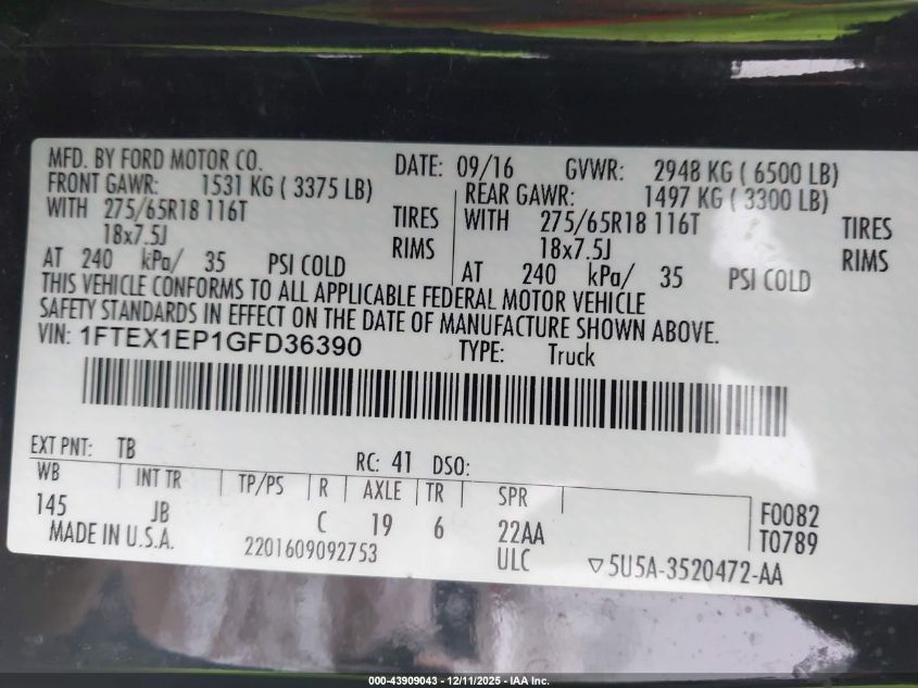 2016 Ford F-150 Xlt VIN: 1FTEX1EP1GFD36390 Lot: 43909043