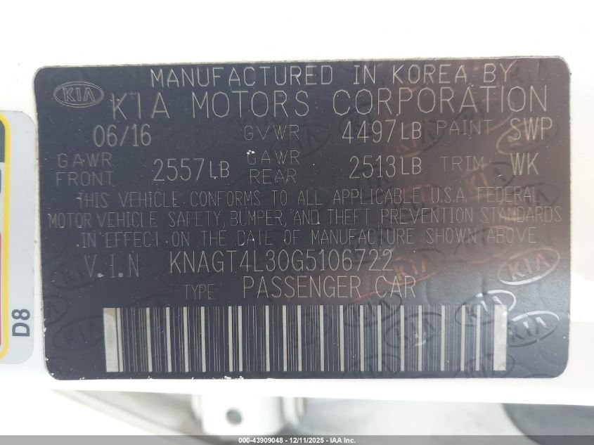 2016 Kia Optima Lx VIN: KNAGT4L30G5106722 Lot: 43909048