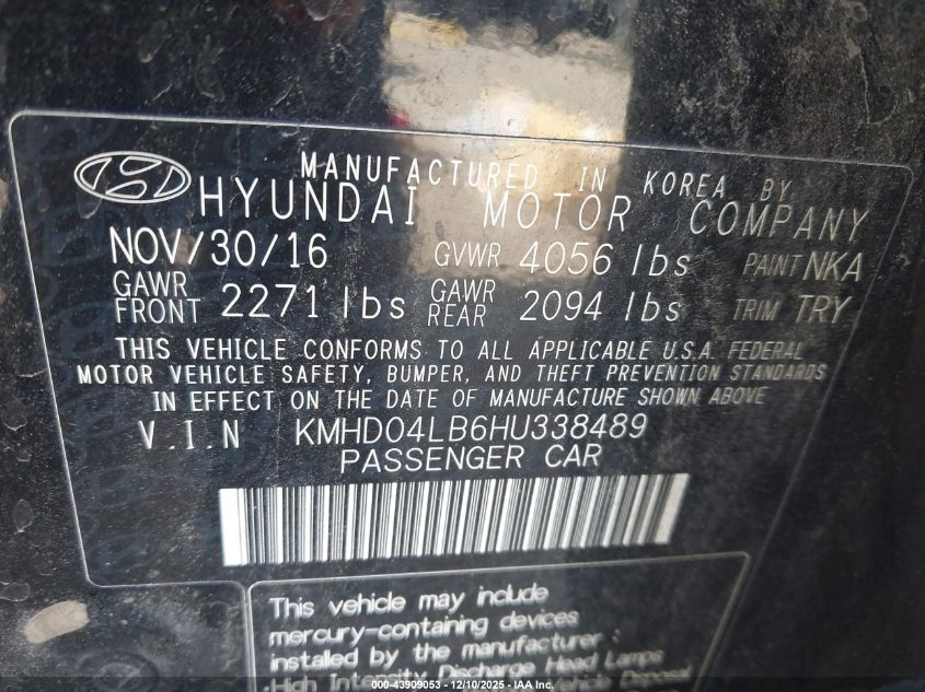 2017 Hyundai Elantra Sport VIN: KMHD04LB6HU338489 Lot: 43909053