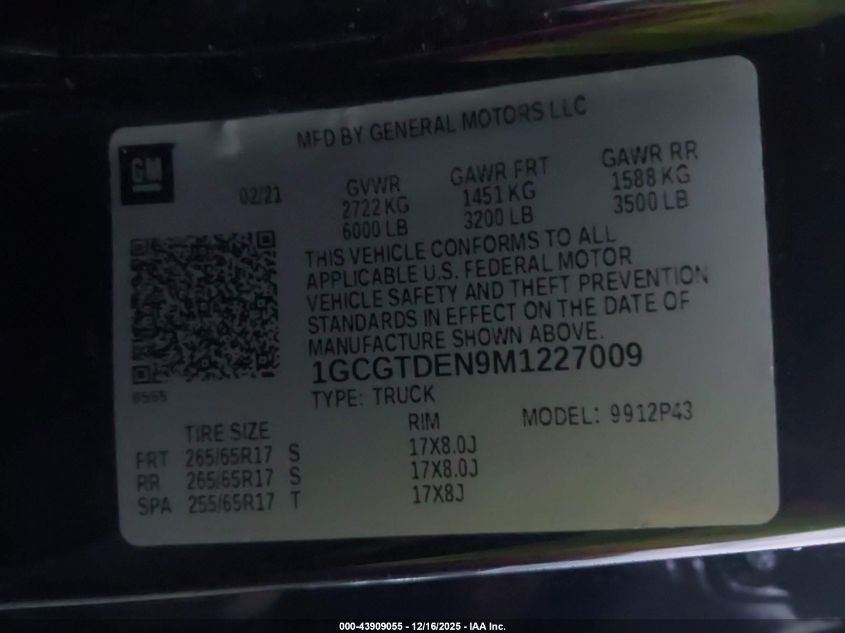 2021 Chevrolet Colorado 4Wd Short Box Z71 VIN: 1GCGTDEN9M1227009 Lot: 43909055