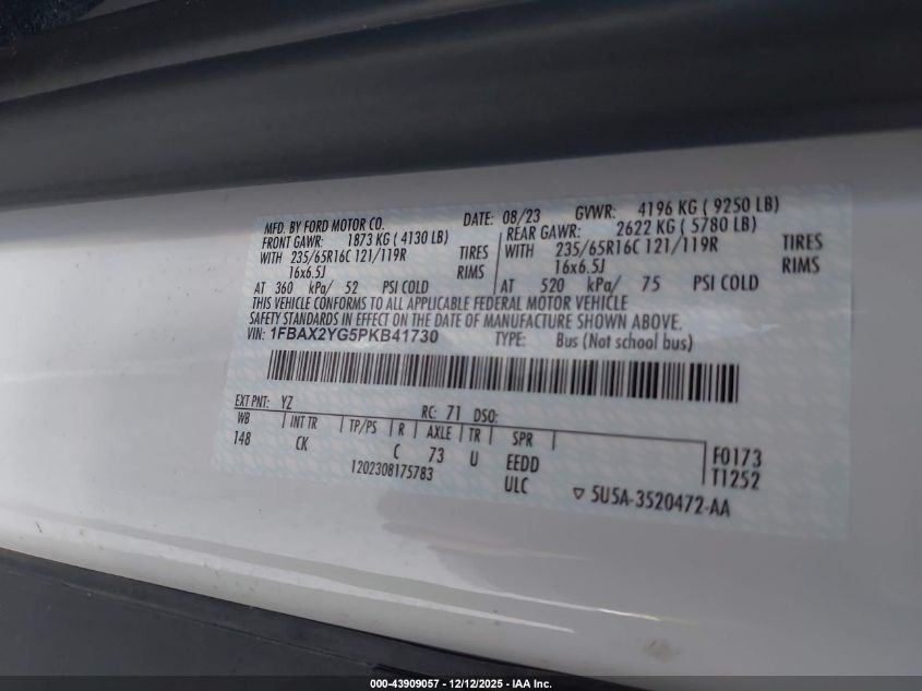 2023 Ford Transit-350 Passenger Van Xlt VIN: 1FBAX2YG5PKB41730 Lot: 43909057