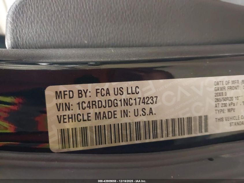 2022 Dodge Durango Gt Awd VIN: 1C4RDJDG1NC174237 Lot: 43909058