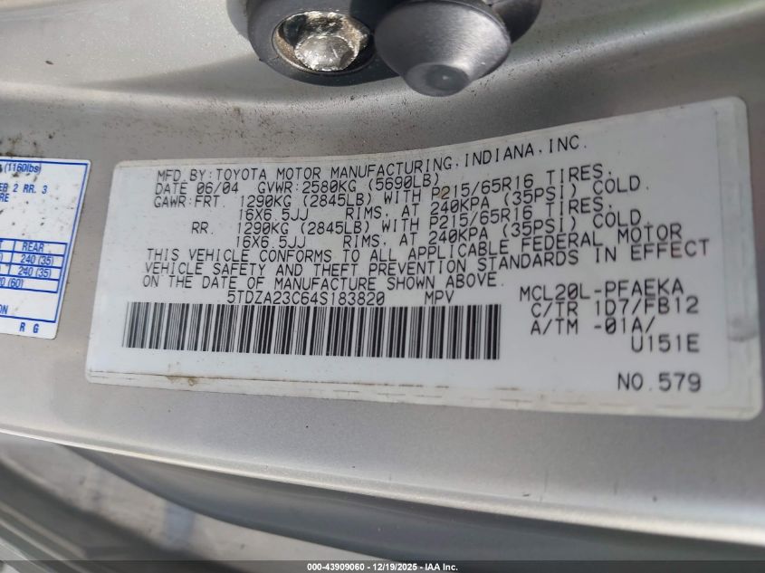 2004 Toyota Sienna Le VIN: 5TDZA23C64S183820 Lot: 43909060