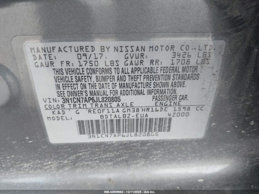 2018 Nissan Versa 1.6 Sv VIN: 3N1CN7AP6JL820805 Lot: 43909062