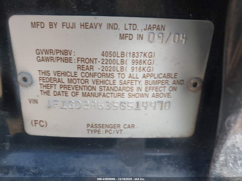 2005 Subaru Impreza Wrx VIN: JF1GD29635G514970 Lot: 43909068