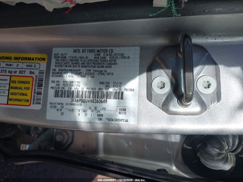 2017 Ford Fusion Hybrid S VIN: 3FA6P0UU4HR360649 Lot: 43909081