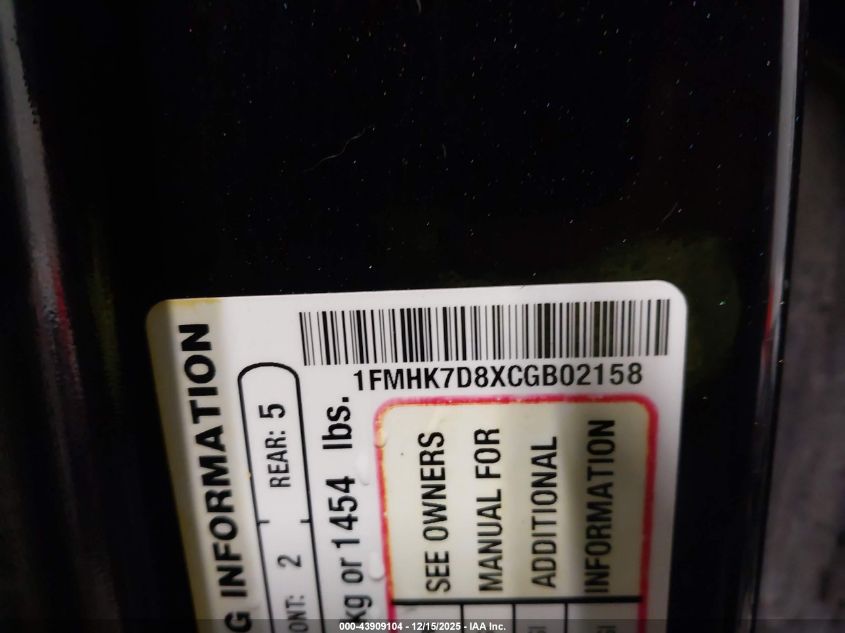 2012 Ford Explorer Xlt VIN: 1FMHK7D8XCGB02158 Lot: 43909104