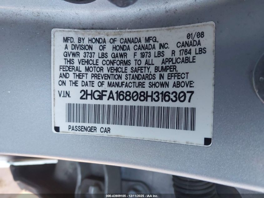 2008 Honda Civic Ex VIN: 2HGFA16808H316307 Lot: 43909105