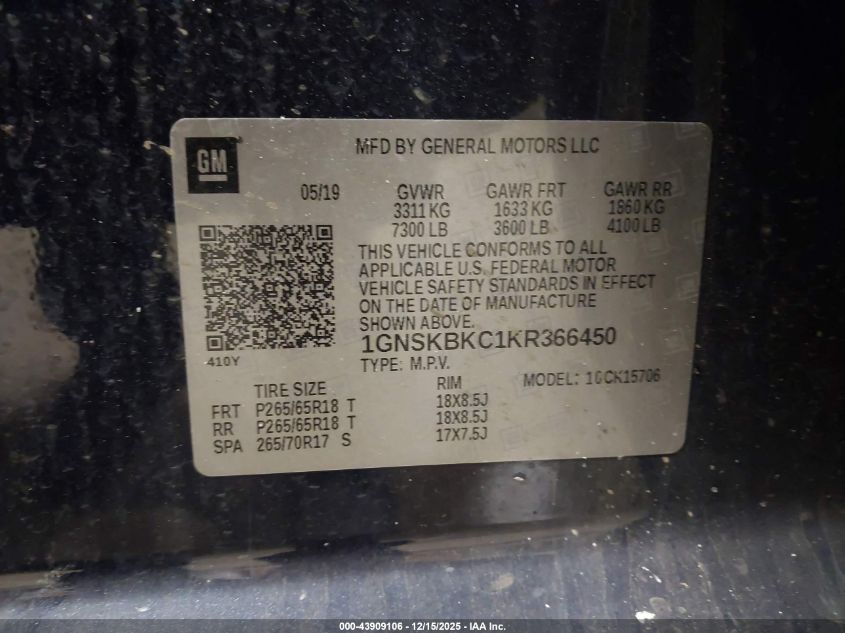 2019 Chevrolet Tahoe Lt VIN: 1GNSKBKC1KR366450 Lot: 43909106