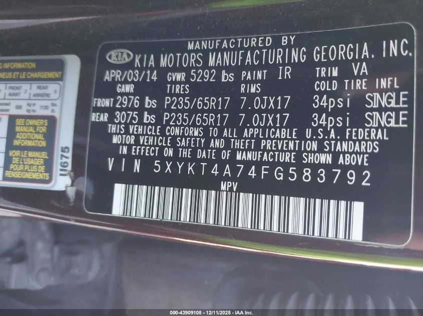 2015 Kia Sorento Lx V6 VIN: 5XYKT4A74FG583792 Lot: 43909108