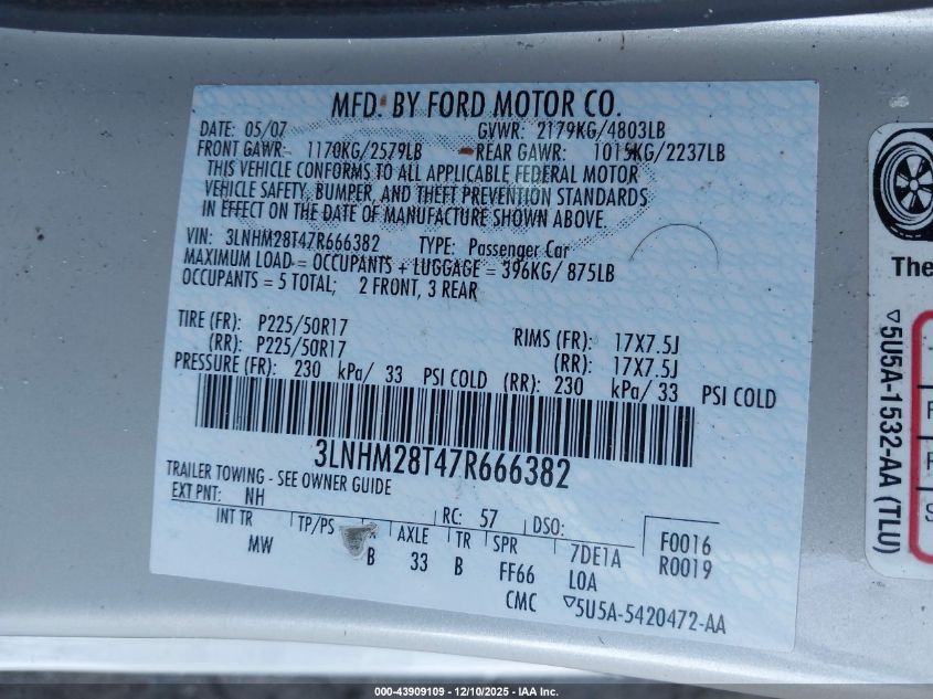 2007 Lincoln Mkz VIN: 3LNHM28T47R666382 Lot: 43909109