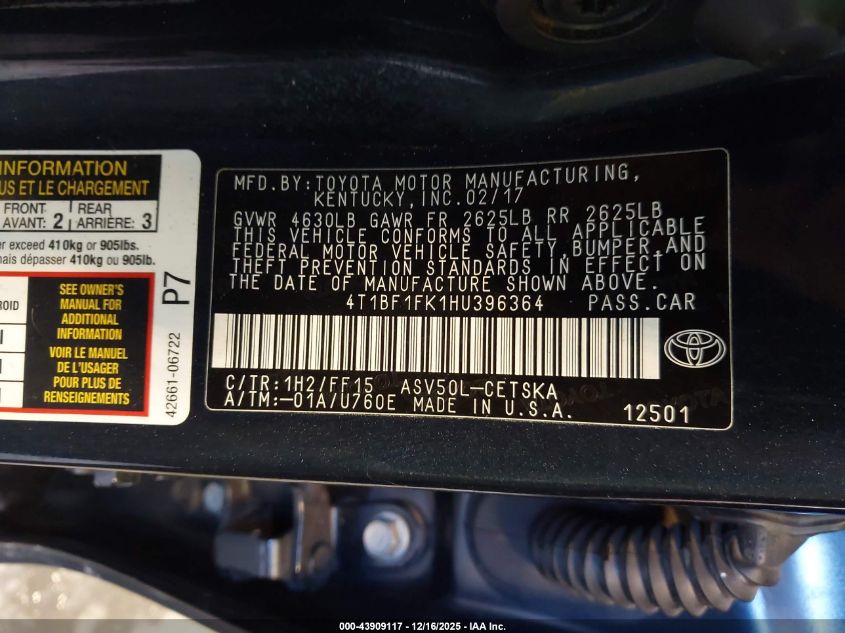 2017 Toyota Camry Se VIN: 4T1BF1FK1HU396364 Lot: 43909117