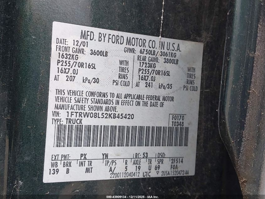 2002 Ford F-150 Lariat/Xlt VIN: 1FTRW08L52KB45420 Lot: 43909134