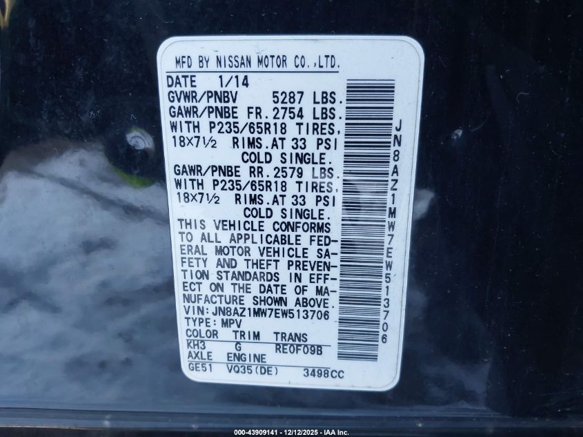 2014 Nissan Murano Le/S/Sl/Sv VIN: JN8AZ1MW7EW513706 Lot: 43909141