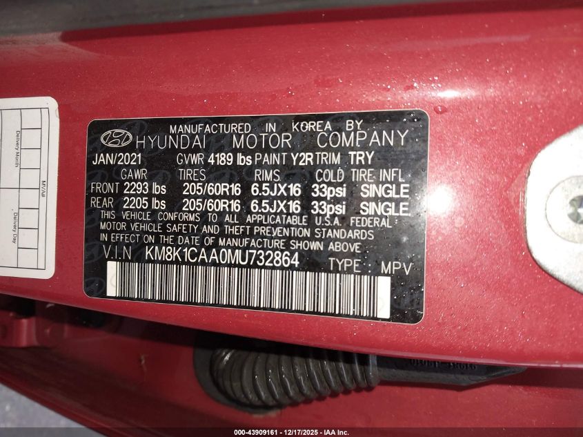 2021 Hyundai Kona Se VIN: KM8K1CAA0MU732864 Lot: 43909161