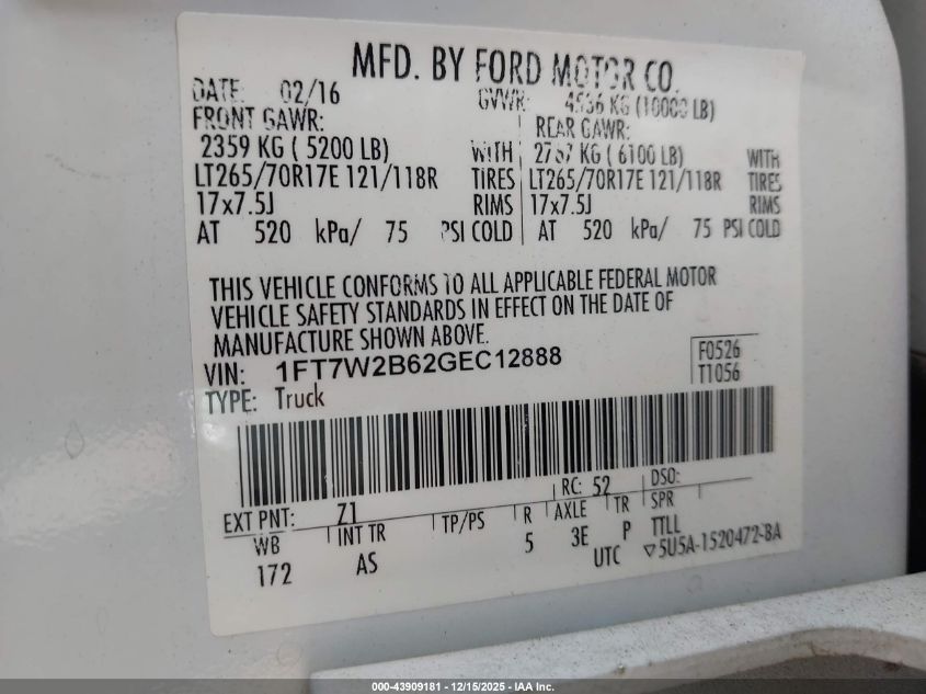 2016 Ford F-250 Xl VIN: 1FT7W2B62GEC12888 Lot: 43909181