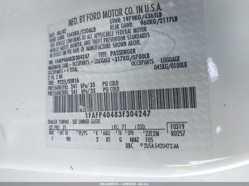2003 Ford Mustang VIN: 1FAFP40483F304247 Lot: 43909183