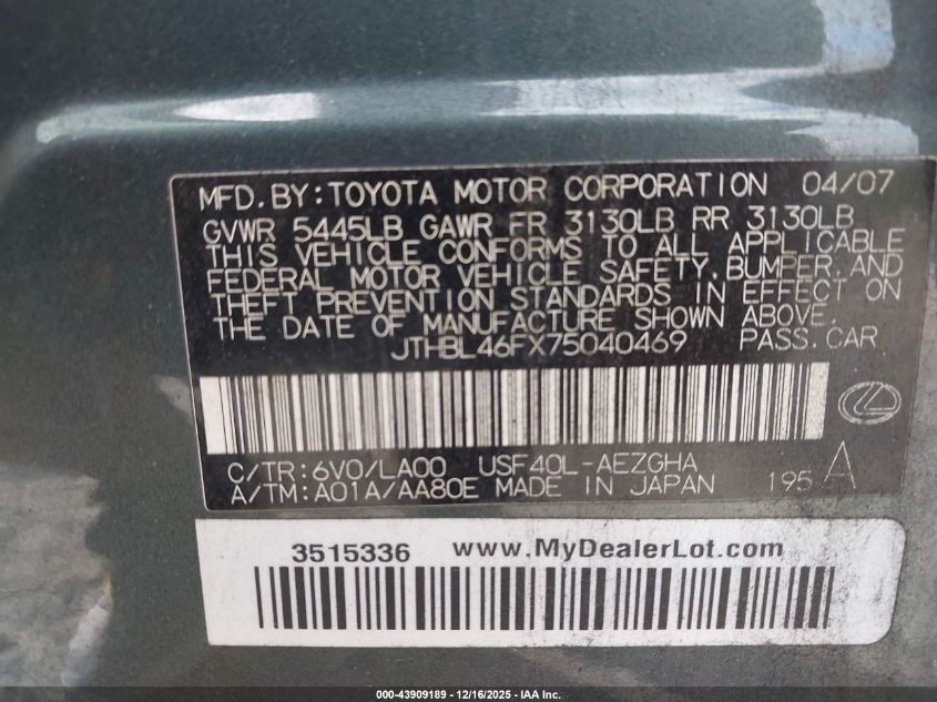 2007 Lexus Ls 460 VIN: JTHBL46FX75040469 Lot: 43909189