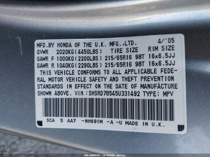 2005 Honda Cr-V Lx VIN: SHSRD78545U331492 Lot: 43909197