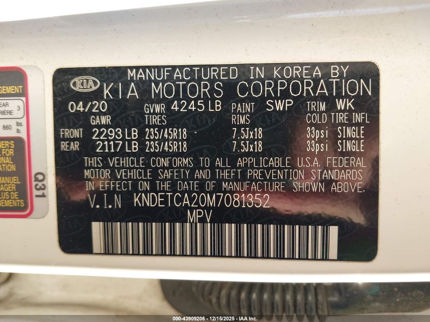 2021 Kia Seltos Sx Turbo VIN: KNDETCA20M7081352 Lot: 43909206