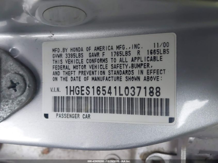 2001 Honda Civic Lx VIN: 1HGES16541L037188 Lot: 43909208