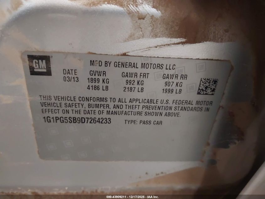 2013 Chevrolet Cruze Ltz VIN: 1G1PG5SB9D7264233 Lot: 43909211
