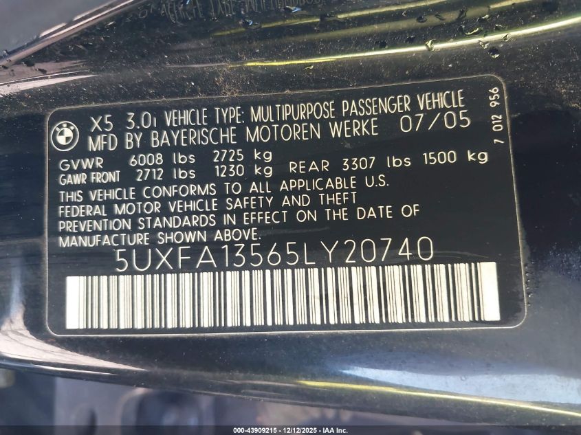 2005 BMW X5 3.0I VIN: 5UXFA13565LY20740 Lot: 43909215