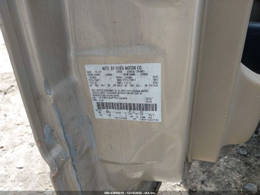 2007 Ford F-150 Stx/Xl/Xlt VIN: 1FTRF12277KC22494 Lot: 43909216