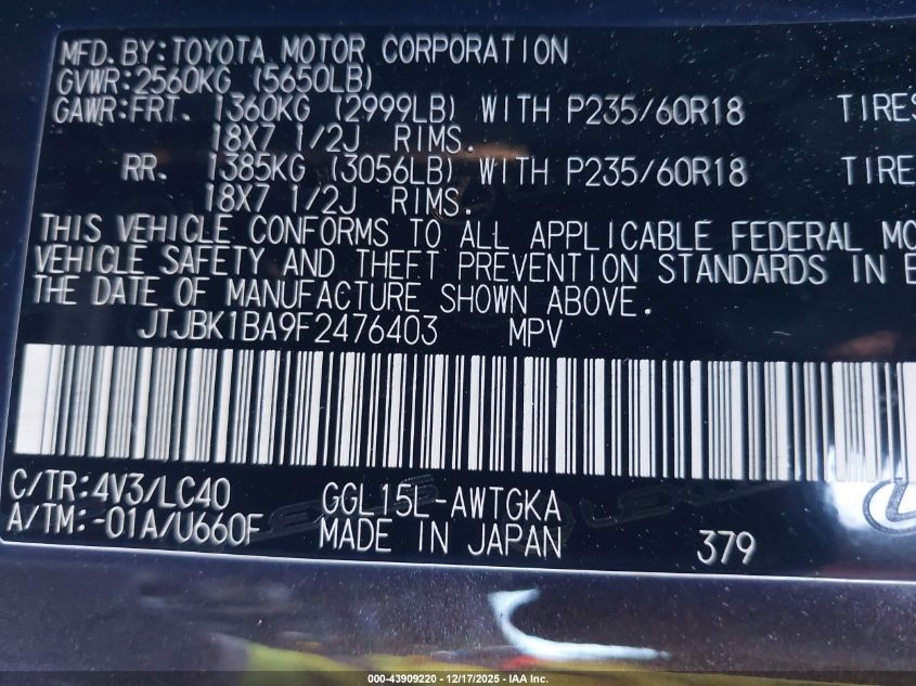 2015 Lexus Rx 350 VIN: JTJBK1BA9F2476403 Lot: 43909220